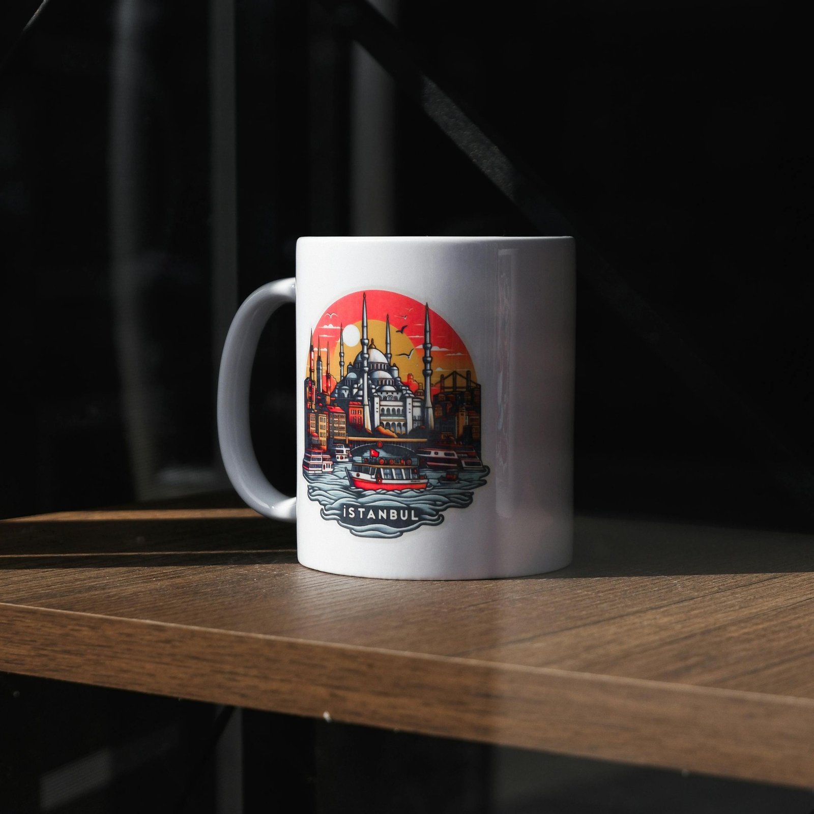 White ceramic mug featuring Istanbul skyline and Hagia Sophia, perfect souvenir gift.